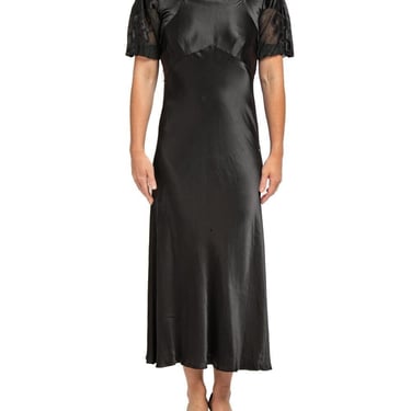 1930S Black Silk With Lace Bias Cut Dress 