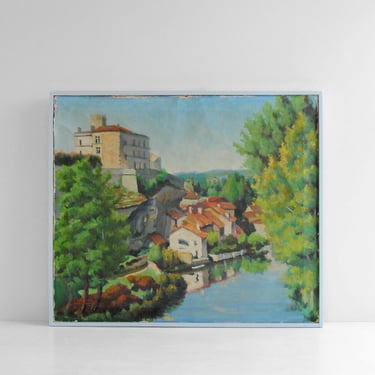 Vintage Original Oil Painting of a European Village on a River 