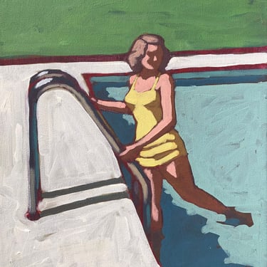 Pool #145 - Original Painting on Canvas, 12 x 16, small, mcm, retro, one of a kind, water, swimsuit, woman, michael van, one piece, fine art 