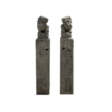 Chinese Pair Gray Stone Fengshui Foo Dogs Lion Slim Pole Statues cs7665E 