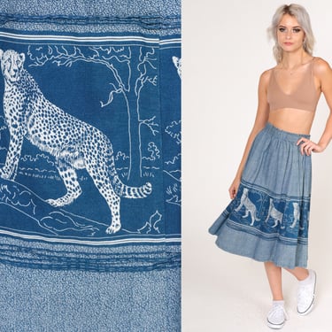 Leopard Skirt 80s Midi Skirt Blue Jungle Animal Cat Cheetah Print A Line Skirt High Elastic Waist Boho A-line Vintage 1980s Extra Small XS S 