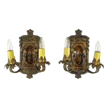Pair of Victorian Bronze Washed Iron 2 Arm Wall Sconces