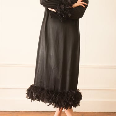 1970s Black Satin Feather Trim Dress 