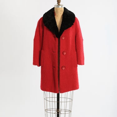 60s Red Bouclé wool coat | Vintage 1960s red bouclé wool Mouton fur collar coat 