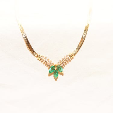 Emerald Diamond "V" Herringbone Chain Necklace In 14K Yellow Gold, Floral Motif, Estate Jewelry,  16 1/2" L 