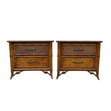 Set of 2 Rare Vintage Nightstands by Stanley FREE SHIPPING - Faux Bamboo with Rattan Wicker Chinoiserie Hollywood Regency Wooden Furniture 