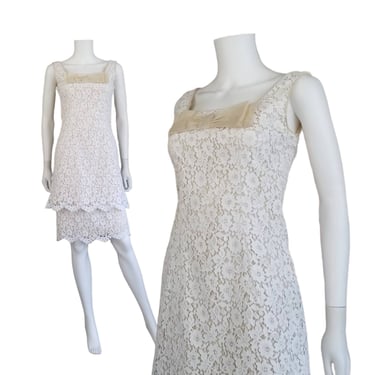 Vintage White Lace Dress, Extra Small / 1960s Party Dress / Floral White Lace over Beige Cocktail Dress / 60s Wedding Reception Dress 