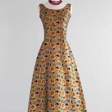 Festive 1960's Holiday Gold Brocade Evening Dress / Small