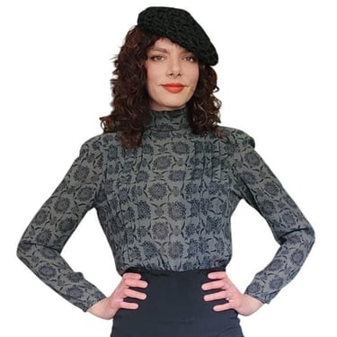 Vintage 80s UNGARO Blouse Gray Silkprint Shirt Back Buttons 