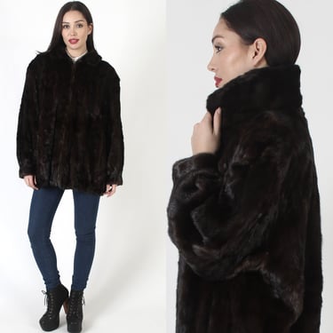 Oversized Mahogany Mink Bomber Jacket / Real Fur Zip Up Puffer Warm Coat / Vintage 80s Unisex Fur Collar Winter Overcoat XL 