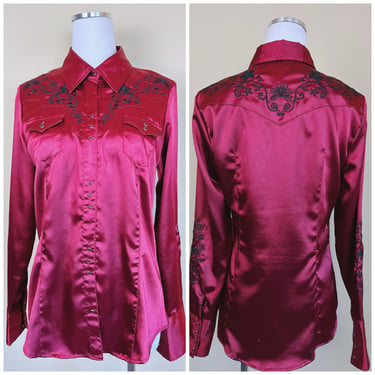 Y2K Roper Silk Maroon Western Shirt / Vintage Black Floral Embroidered Shiny Slim Cut Blouse / Medium 