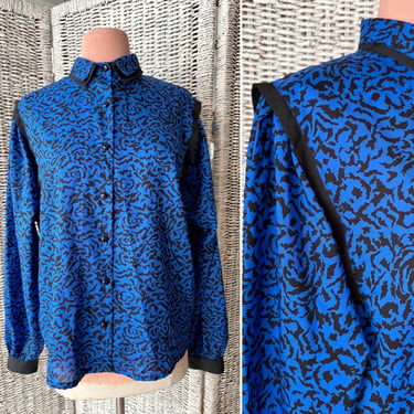 Vintage 80s Blouse, Statement Sleeves, High Neck, Silky Polyester Top, Size 16, Plus Size Top 