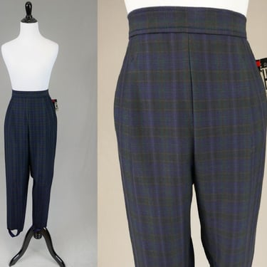 80s 90s Stirrup Pants - NWT Deadstock - Navy Plaid - High Rise Waist - Counterparts - Vintage 1980s 1990s - L XL 