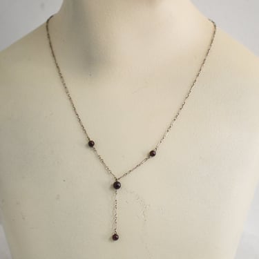 1990s Tiny Sterling Silver Chain and Garnet Bead Y Necklace 