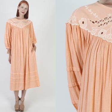 Peach Gauze Sundress, Floral Embroidered Cover Up, Vintage Mexican Caftan, Loosefitting With Pockets 