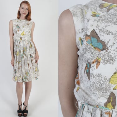 50s Butterfly Print Dress Vintage Off White All Over Nature Print Material Rockabilly Belted Mini House Dress 