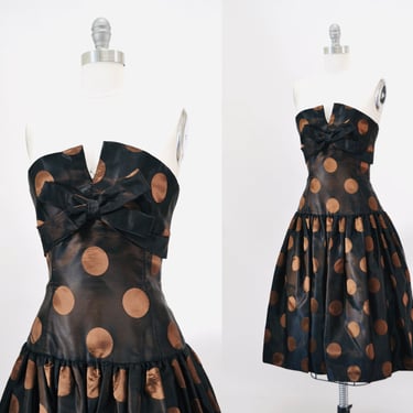 Vintage 80s 90s Strapless Party Dress XS small Victor Costa Black Gold Bronze Polka Dot Party Dress// 80s 90s Prom Dress Small Crinoline 