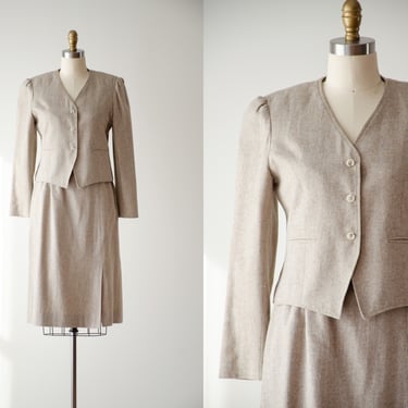 beige wool suit | 70s 80s vintage Eva light brown tan tweed wool dark academia style skirt suit 