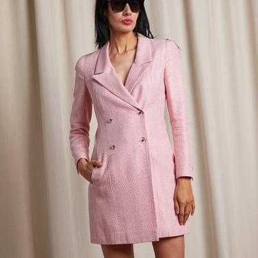 CHANEL 90s Pink + White Raffia Woven Double Breasted Jacket Dress