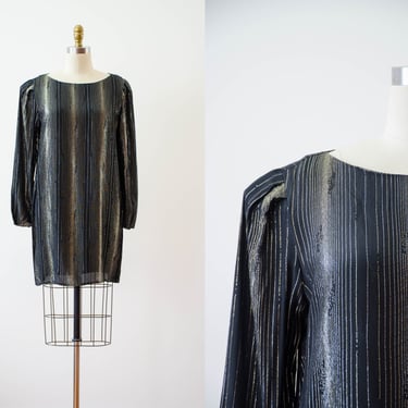 black mini slip dress | 70s 80s vintage disco gold silver metallic sheer tunic shift long sleeve party dress 