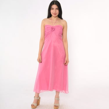 Vintage Pink Chiffon Dress 80s Strapless Formal Gown Rosette Halter Strap Sweetheart Neckline Boned Bodice 1980s Midi Empire Waist Medium 8 