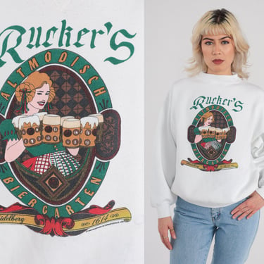 Rucker's Biergarten Sweatshirt 90s German Beer Shirt Retro Deutschland Beermaid Graphic Bethlehem Pennsylvania White Vintage 1990s Large L 