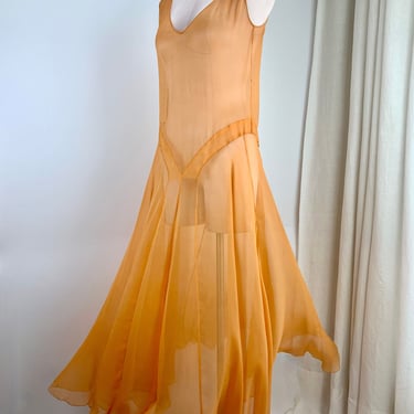 1920's Sheer Silk Georgette Dress - Soft Tangerine - Gatsby Garden Dress - Flouncy Tulip Shaped Skirt - Size Small to Medium 