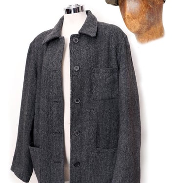 1920's style 100% Wool Gray Herringbone Jacket Coat Vintage Classic Designer DKNY Tweed Box Jacket Menswear Overcoat 1980's 