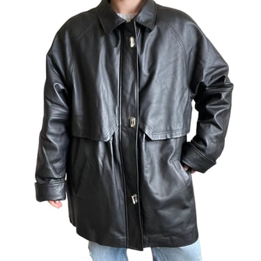 Vintage 90s Womens Oversized Black Leather Toggle Front Mid Length Jacket Sz XL 