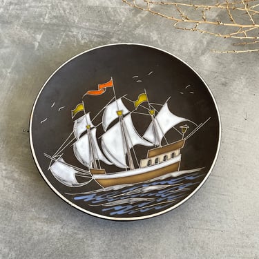 Vintage West German Hanging Plate of Boat | Vintage Ship Plate Ruscha | Black Matte Plate with Glaze | Mid Century Modern | MCM 