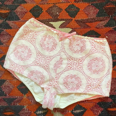 50s/60s pink and white cotton and lace hot pants/swim bottoms by Bobbie Brooks 