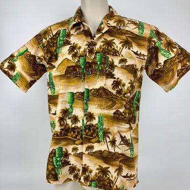 1950'S-60'S HAWAIIAN SHIRT - All Cotton -  Patch Pocket - Loop Collar - Outriggers & Tiki Images - Men's Size MEDIUM 