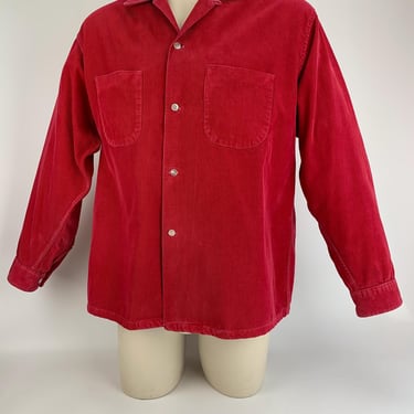 1950's Red Corduroy Shirt - PENNEY'S TOWNCRAFT - All Cotton - 2 Patch Pockets - Loop Collar - Men's Size Large 