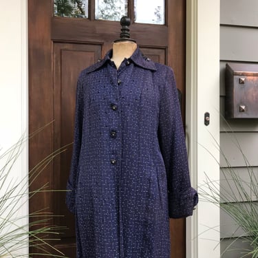 1940s Blue Swing Coat, Full Length, Lined, Rhinestone Buttons, Velvet Collar, Mid Century Period Clothing, Costume 