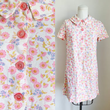 Vintage 1960s Pink Floral Shirt Dress / S 