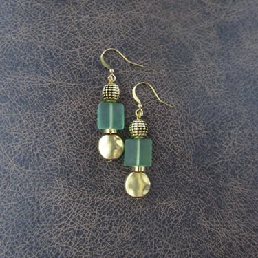 Green frosted glass and gold earrings 