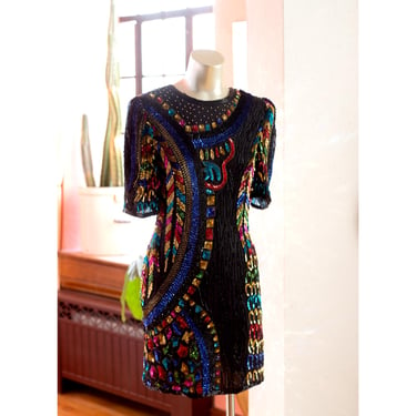 Vintage Beaded Party Dress - 1980s - Silk Dress - Rainbow, Sequins, Glitter, Sparkly 