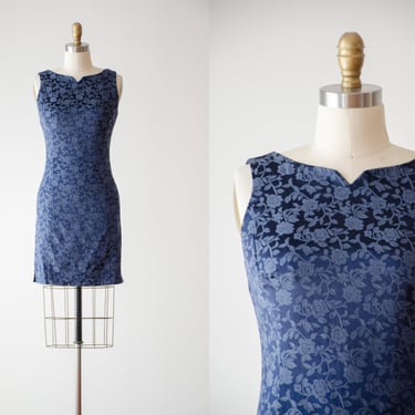 blue brocade dress | 90s y2k vintage dark navy blue floral tight bodycon mini dress 