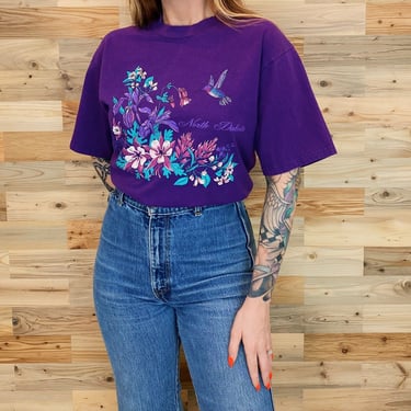 Vintage 90's North Dakota Hummingbird and Flowers Travel Tee Shirt T-Shirt 