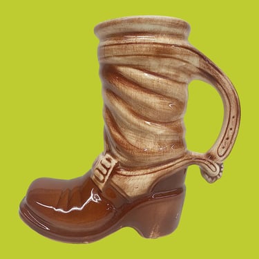 Vintage McCoy Pottery Boot Vase Retro 1950s Mid Century Modern + Ceramic + Brown + Beer Stein + Planter + With Handle + Western Home Decor 
