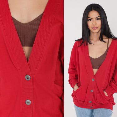 Red Cable Knit Cardigan 80s 90s Mohair Sweater Button Up