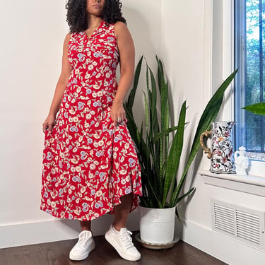 90s Red Floral Dress | Red Floral Maxi Dress | Vintage Summer Day Dress | Medium Large 