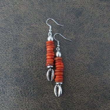 Orange wooden and silver cowrie shell earrings 