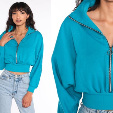 Cropped Sweatshirt 80s 90s Turquoise Sweater Crop Top Ring Pull Zip Up Streetwear Pullover Zipper Sweatshirt 1990s Vintage Retro Small 