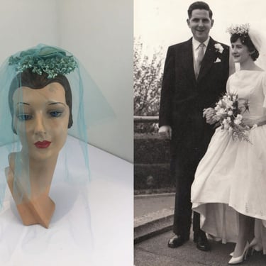Technicolor Wedding - Vintage 1950s 1960s Aqua Turquoise Blue Lillies of the Valley Wedding Clip/Veil 