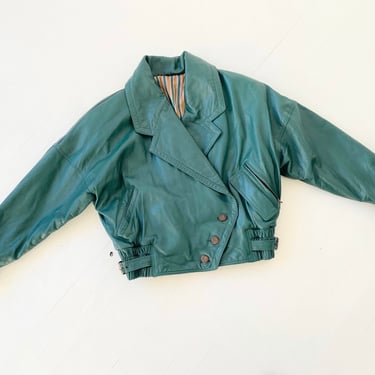 1980s Teal Green Leather Bomber Jacket 