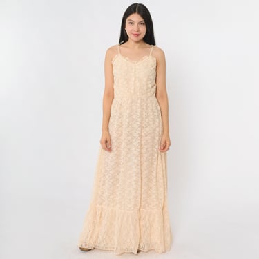 70s Peach Lace Maxi Dress Vintage Boho Sundress Pastel Hippie Dress 1970s Sun Prairie Bohemian Summer High Waist Spaghetti Strap Small S 