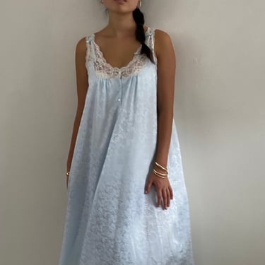 80s Dior slip lounge dress / vintage Christian Dior baby blue + lace satin maxi nightgown lingerie lounge slip dress | Medium 