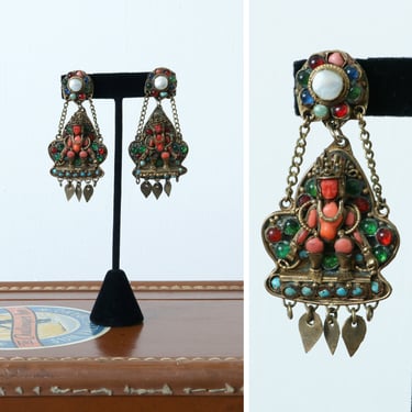 vintage antique Nepalese Tibetan buddha earrings • boho chandelier statement earrings in inlaid glass coral & turquoise 