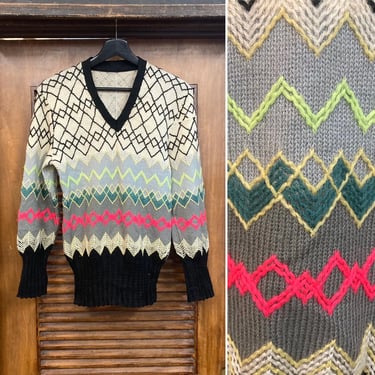 Vintage 1940’s Krazy Neon Zig Zag Cable Knit V-Neck Sweater, 40’s Atomic Pattern, Vintage Clothing 